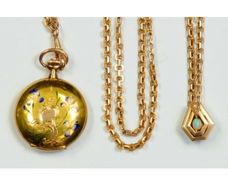 A SWISS 14CT GOLD AND ENAMEL HUNTING CASED WATCH, CONTROL MARKS, CIRCA 1900 AND A GOLD MUFF CHAIN WITH OPAL SET SLIDE, MARKED
