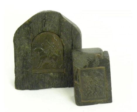 TWO FRENCH BRONZE PLAQUETTES, INSET IN HEWN OAK BLOCKS, EARLY 20TH CENTURY
