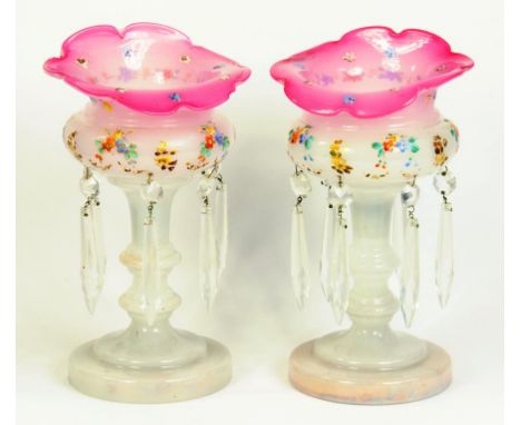 A PAIR OF VICTORIAN CRANBERRY SHADED OPAL GLASS ENAMELLED LUSTRES