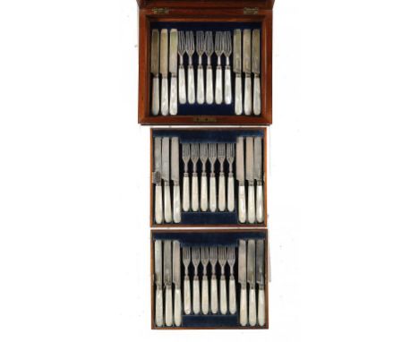 EIGHTEEN VICTORIAN SILVER AND MOTHER OF PEARL HAFTED DESSERT KNIVES AND FORKS  twelve by Francis Higgins, London 1845, six by