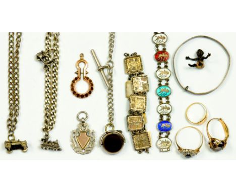 A SILVER ALBERT, ANOTHER SILVER CHAIN, A SILVER CHARM BRACELET, A SOUTH EAST ASIAN SILVER PANEL BRACELET, A SILVER WATCH FOB 