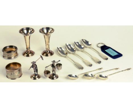 A PAIR OF ELIZABETH II SILVER POSY VASES, BIRMINGHAM 1970, A PAIR OF CHINESE SILVER FIGURAL SALT CELLARS, TWO SILVER  NAPKIN 