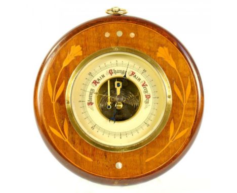 AN EDWARDIAN INLAID MAHOGANY ANEROID BAROMETER