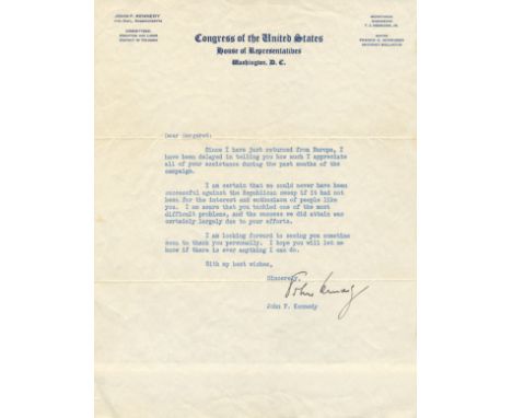 KENNEDY JOHN F.: (1917-1963) American President 1961-63. Assassinated. T.L.S., John Kennedy, one page, 4to, Washington, n.d.,