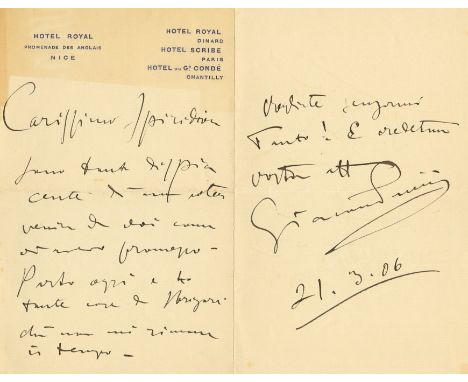 PUCCINI GIACOMO: (1858-1924) Italian Composer. A.L.S., Giacomo Puccini, two pages, written to the first and fourth page, 8vo,