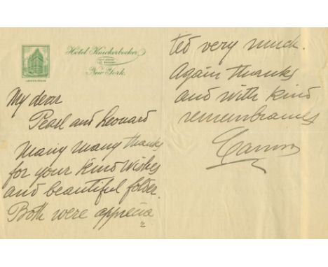 CARUSO ENRICO: (1873-1921) Italian Tenor. A.L.S., Caruso, two pages, 8vo, New York, n.d., on the printed stationery of the Kn