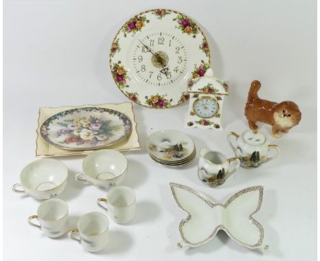 Royal Albert "Country Roses" wall clock and mantle clock together with a Beswick model of a ginger cat, a Japanese part tea s