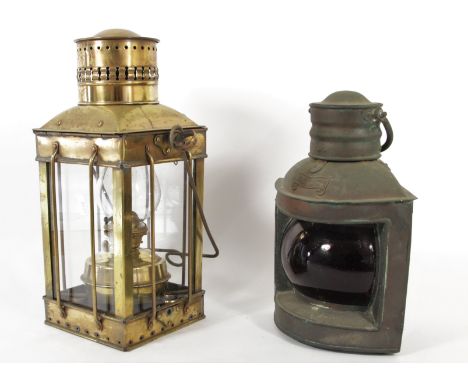 A copper Port ships lantern with Fresnel lens, bearing the makers label Seahorse G.B. trademark, mounting bracket, (converted