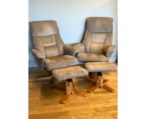 A pair of modern swivel/recliner armchairs by Global Furniture Ltd upholstered in a light brown chenille fabric together with