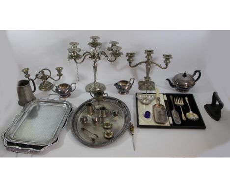 A collection of plateware to include trophy's, candlesticks, tea service, platters, tankards and other wares (3). 