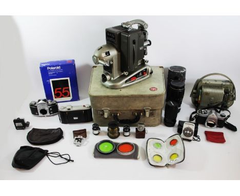 A collection of cameras, lenses and accessories makers to include Pentax, Minolta, Canon, Soligor together with a Bolex M8 Pr