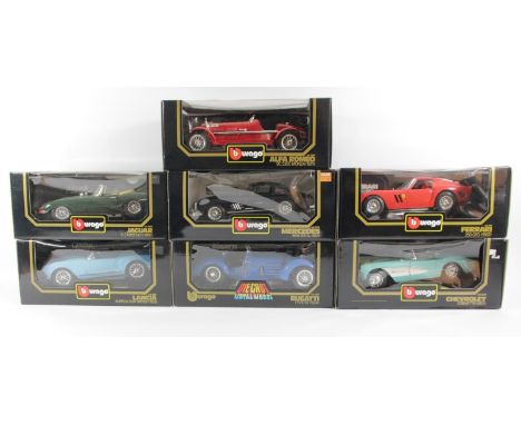 A collection of seven Burago 1:18 scale diecast models to include - Ferrari GTO, Alfa Romeo 8C, Mercedes 300SL, Bugatti type 