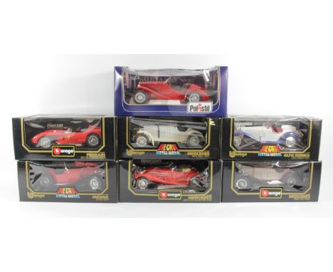 Six boxed Burago 1:18 scale diecast models to include - Mercedes 500K roadster, Ferrari 250 Testarossa, Mercedes SSKL, Alfa R