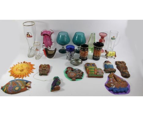 A collection of ceramics and glassware to include, a Ringtons model of a van, Japanese figurines, pottery vases, ceramic figu