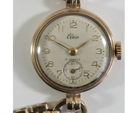 Elco, a 9ct gold manual wind ladies wristwatch, London 1951, 17 jewel movement, 23mm, gilt metal bracelet 