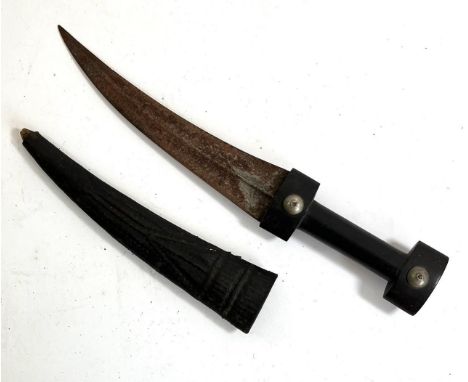 Russian Kindjal dagger, 19th century, broad curved edge blade, two piece horn grips, leather scabbard.This bladed product is 