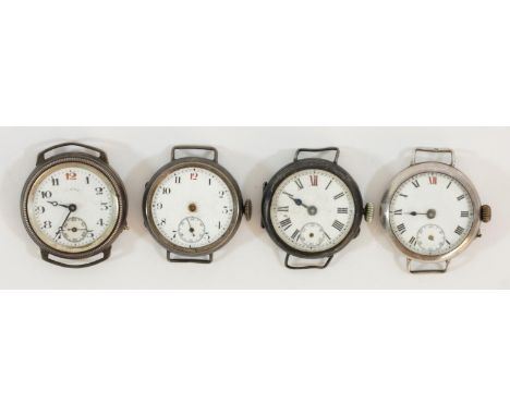 Four silver cased manual wind wristwatches, 2 x 1912, 1 x 1929, 1 x 1930, spares or repair 