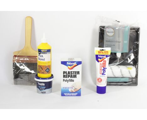 A substantial amount of DIY and decorating supplies, including 11 tubs of Polyfilla, 6 Harris roller sets and replacement hea