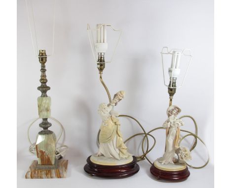 A pair of figural table lamps complete with matching shades, together with a marble and cast metal table lamp with shade (3).
