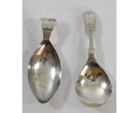 A George III silver caddy spoon, by WP, Birmingham 1781 and a silver bright cut caddy spoon, Sheffield 1956, 29gm 