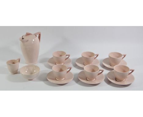 An Art Deco Wedgewood 'Blush Rose' coffee set C1920s, comprising of a coffee pot &amp; lid, six cups/saucers, sugar bowl and 