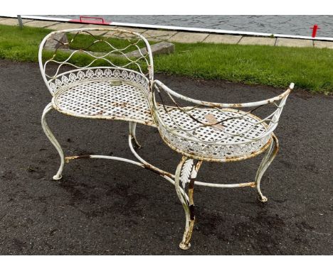 A garden 'love seat', painted white steel construction. 135cm long.