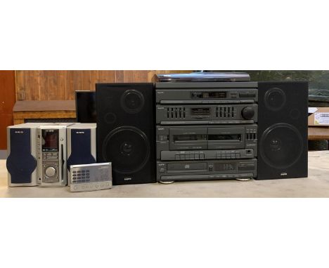 A Sanyo HiFi system, comprising of record deck, graphic equalizer, tape deck, CD player, together with a Aiwa micro HiFi syst