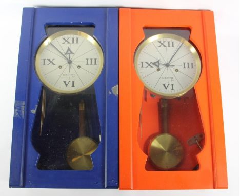 A mid 20th Century manual wind chalet shape wall clock, oak veneer and stained pine casing imitating bamboo, 46cm long, toget