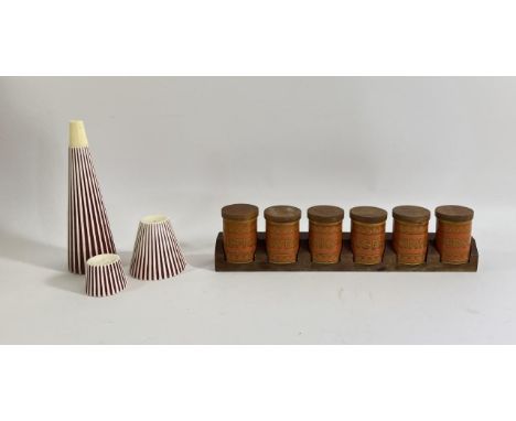 Hornsea 'Saffron' set of six spice pots with wood wall rack, by John Clappison C1970s, together with Hornsea 'Summit' vinegar