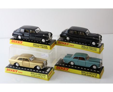 Four cased Dinky diecast Rolls Royce models to include 2 x 152 Phantom V Limousine in dark blue, 2 x 127 Silver Cloud Mk III 