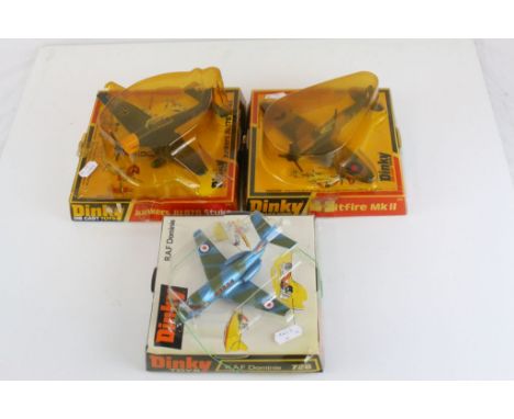Three boxed Dinky diecast model planes to include 728 RAF Dominie, 741 Spitfire MkII and 721 Junkers JU87B Stuka, diecast exc