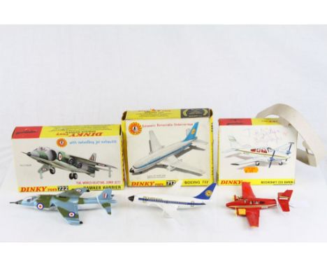 Three boxed Dinky model planes to include 722 Hawker Harrier, 717 Boeing 737 with inner packaging and paperwork and 715 Beech