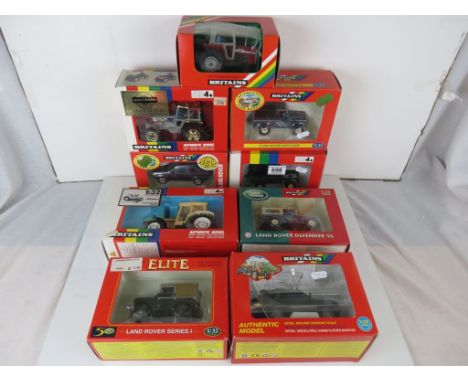 Nine boxed Britains 1:32 models to include ltd edn 5892 Tractor, Elite 00174 Land Rover Series I, 9507 Land Rover Defender 90