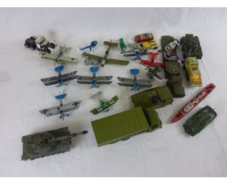 14 Play worn diecast model vehicles to include Dinky, Corgi plus a small group of plastic kit built model planes