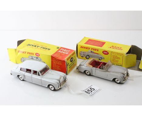 Two boxed DInky diecast models to include 194 Bentley Coupe S2 in grey and 198 Rolls Royce Phantom V in two tone grey. Diecas