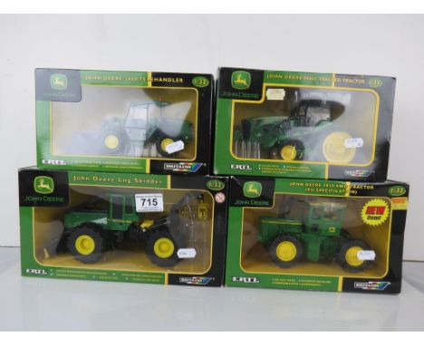 Five boxed ERTL Britains John Deere diecast model vehicles to include 15776 Log Skidder, 42073 8430T Tracked Tractor, 42014 3