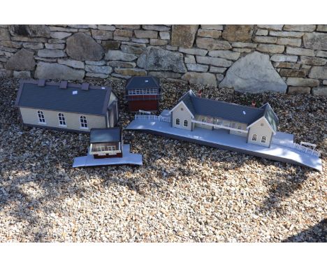 G scale model railway - Four custom made plastic and wooden trackside buildings to include Station (5ft x 14"), Engine Shed (