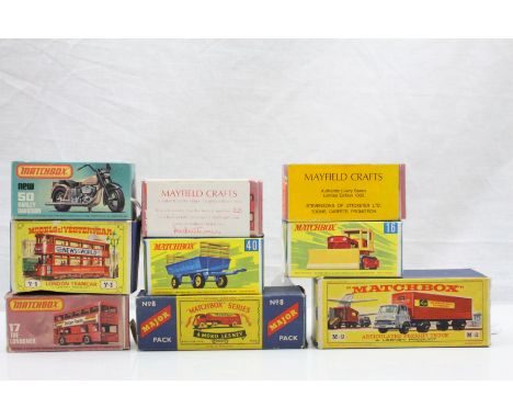 Nine boxed Matchbox diecast vehicles to include M-2 Articulated Freight Truck,, 50 Harley Davidson, 16 Case Tractor (missing 