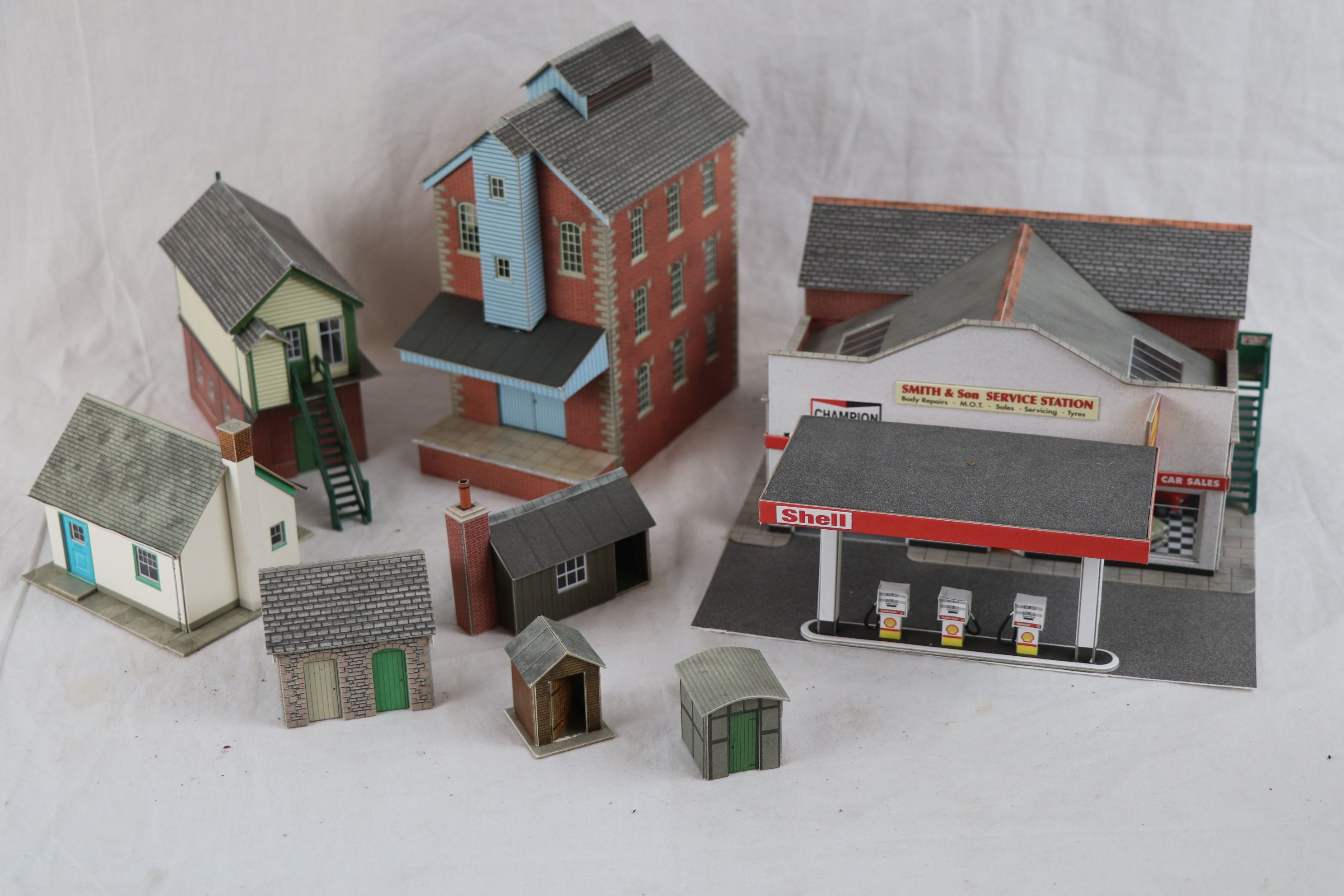 Collection of model railway built card trackside buildings in excellent