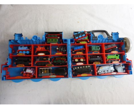 Collection of Thomas the Tank Engine toys to include 15 diecast vehicles in carry case, plastic track and trackside accessori