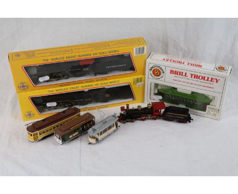 Two boxed HO scale Mehano locomotives to include 5125 CN and 689 Pennsylvania plus a boxed Bachmann Brill Trolley Desire, Vir