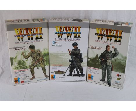 Three WW2 Dragon 1/6th scale action figures to include FJB 500 Fallschirmjager Mortarman Rolf Falkner, 82nd Airborne Paratroo