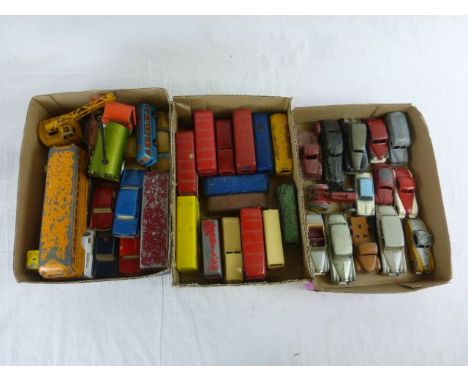 Three Trays of Forty Three Dinky Loose Playworn Vehicles including Daimler, Vanguard, Triumph Herald, Volkswagen, Jaguar, Rol