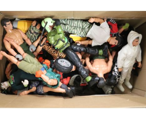 Collection of approx 18 Action Man figures, vehicles and accessories to include motorcycle, motorized scateboard & Husky dog.