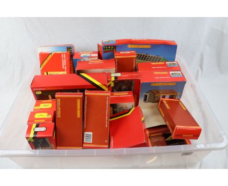 22 Boxed Hornby OO gauge trackside accessories and buildings to include R593 Town Station, R522 Goods Shed, R519 Engine Shed,