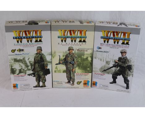 Three WW2 Dragon 1/6th scale action figures to include Handschar Mortarman 13. Gebirgs-Division Hasan Malnar, HJ Division MG4