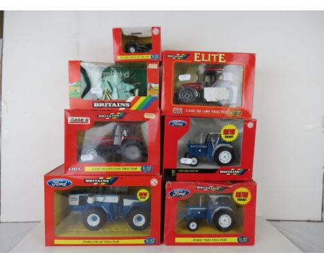Seven boxed Britains diecast farming vehicles to include Elite 14774 Case IH cx80 Tractor, 42197 Ford 7000 Tractor, 9532 Fram