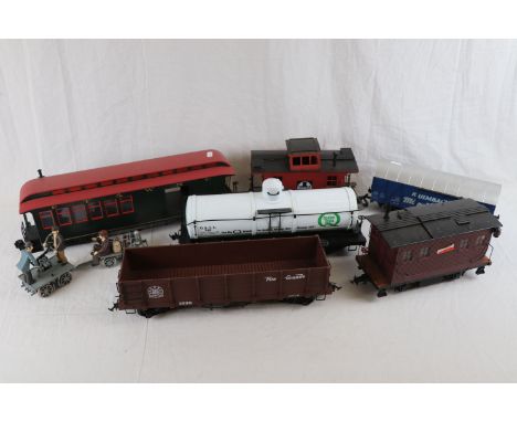 G Scale model railway - Bachmann Gandy Dancer plus 6 x items of rolling stock to include LGB Lehmann Santa Fe ATSF 425, Markl