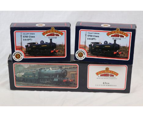 Three boxed Bachmann OO gauge engines to include 31825 43XX 2-6-0 4318 GWR green, 31900A 57XX GWR green and 31901A 8700 GWR S