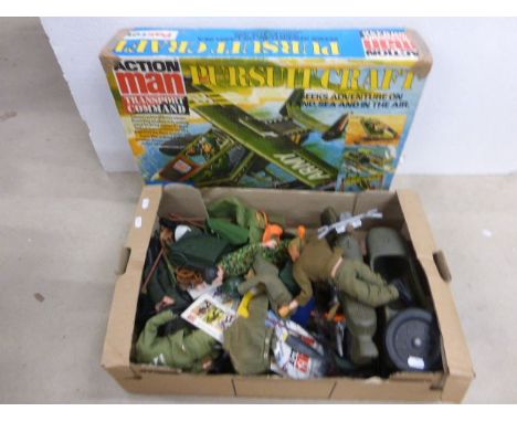 Collection of original Palitoy Action Man to include Transport Command Pursuit Craft, 4 x dolls featuring 1 x eagle eyes, mot